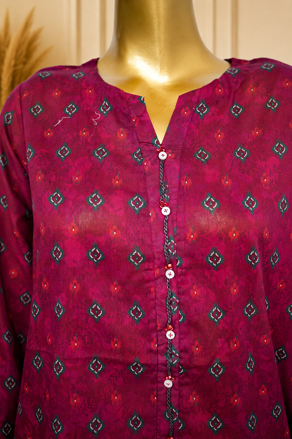 Bin Saeed Elegant Magenta stiched Printed 3-Piece Suit with Green Dupatta