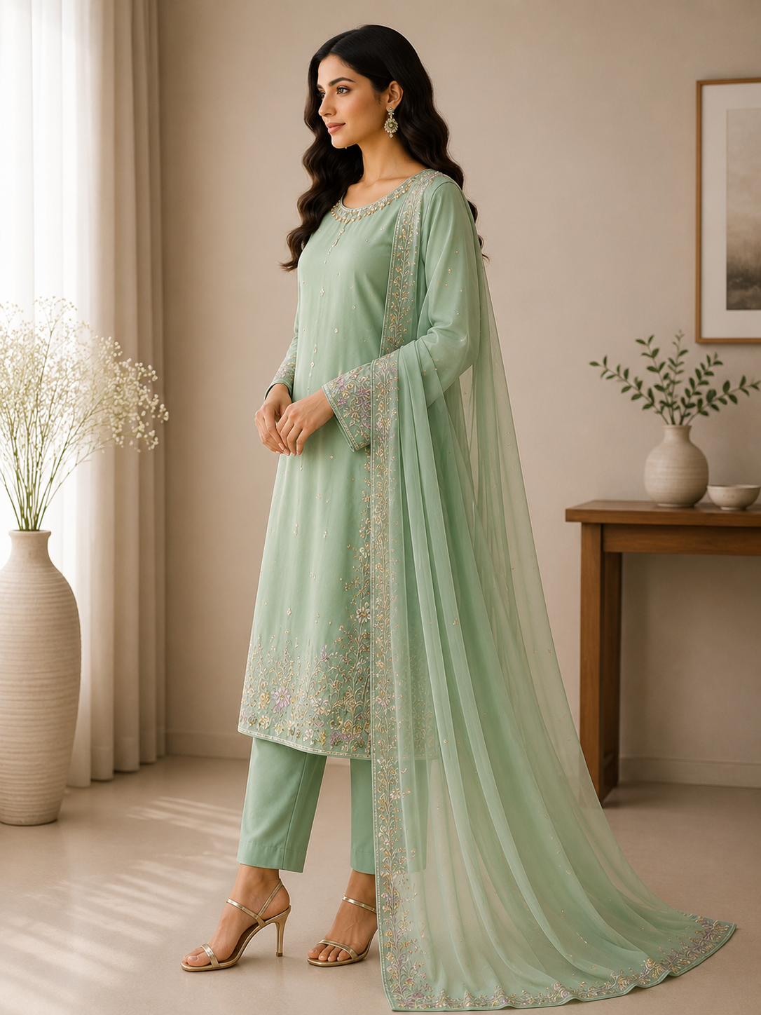 Mint Green Embroidered Suit