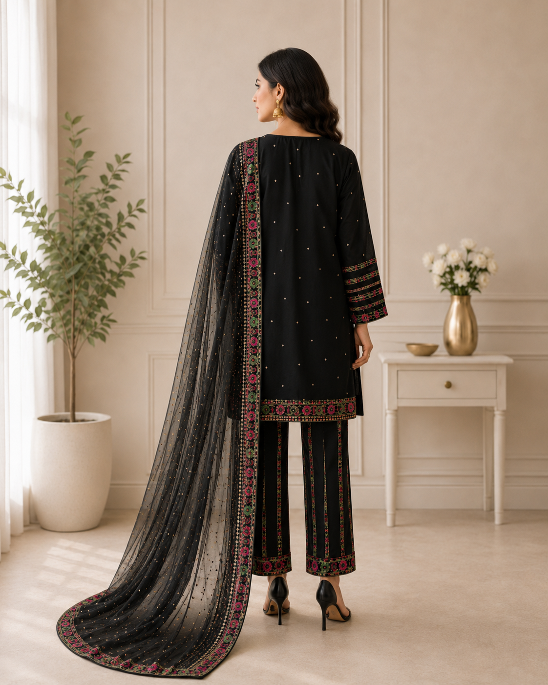 Black Embroidered Lawn Suit with Dupatta for Women