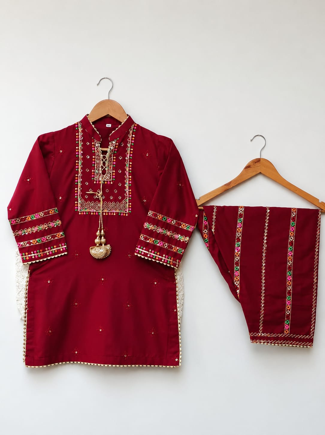 Elegant Ruby Red Embroidered 2 Piece Suit