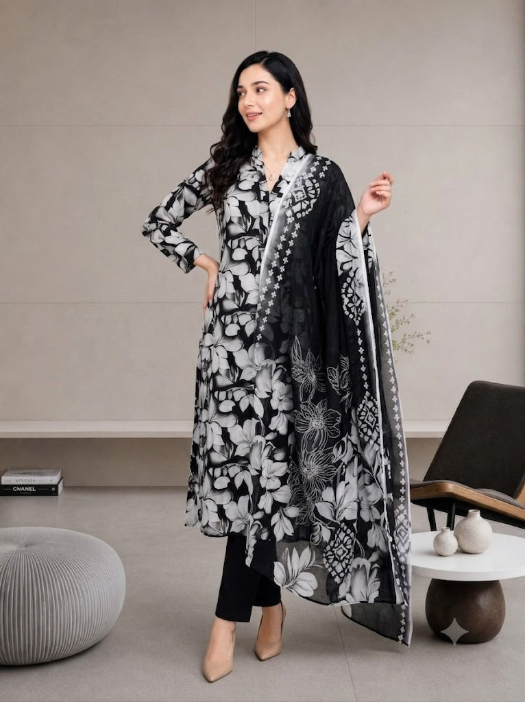 Black & White Floral Printed 3 Piece Lawn Suit for Women | Elegant Summer Collection