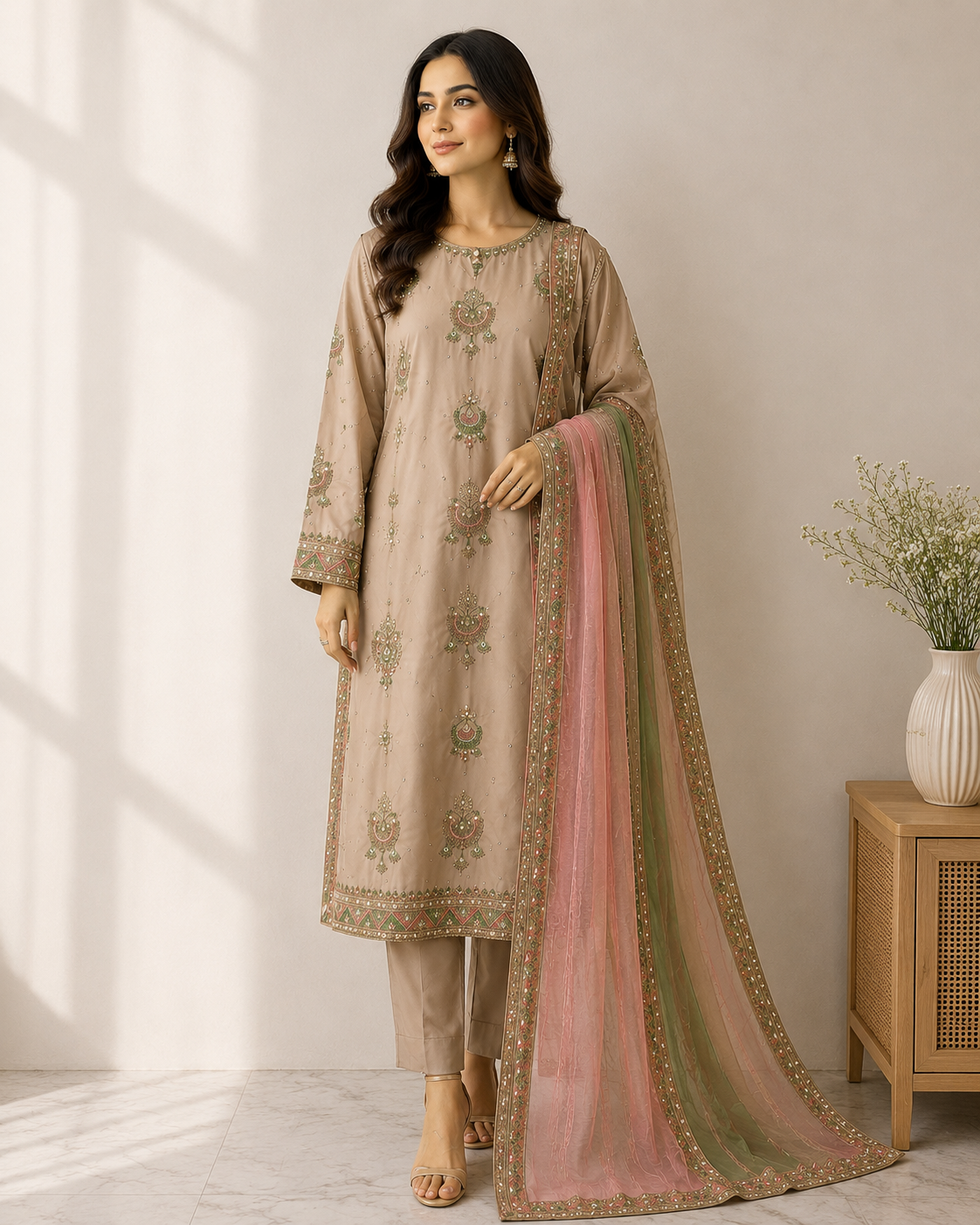 Champagne Beige Embroidered Suit