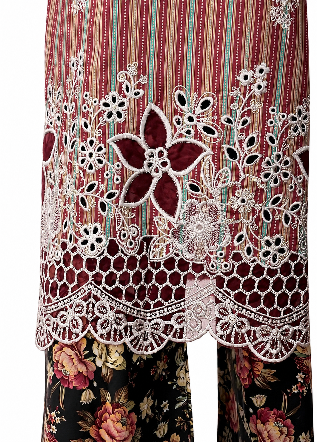 Bin Saeed Elegant Maroon Striped Embroidered 3pc  Lawn stiched Suit with Floral Trousers