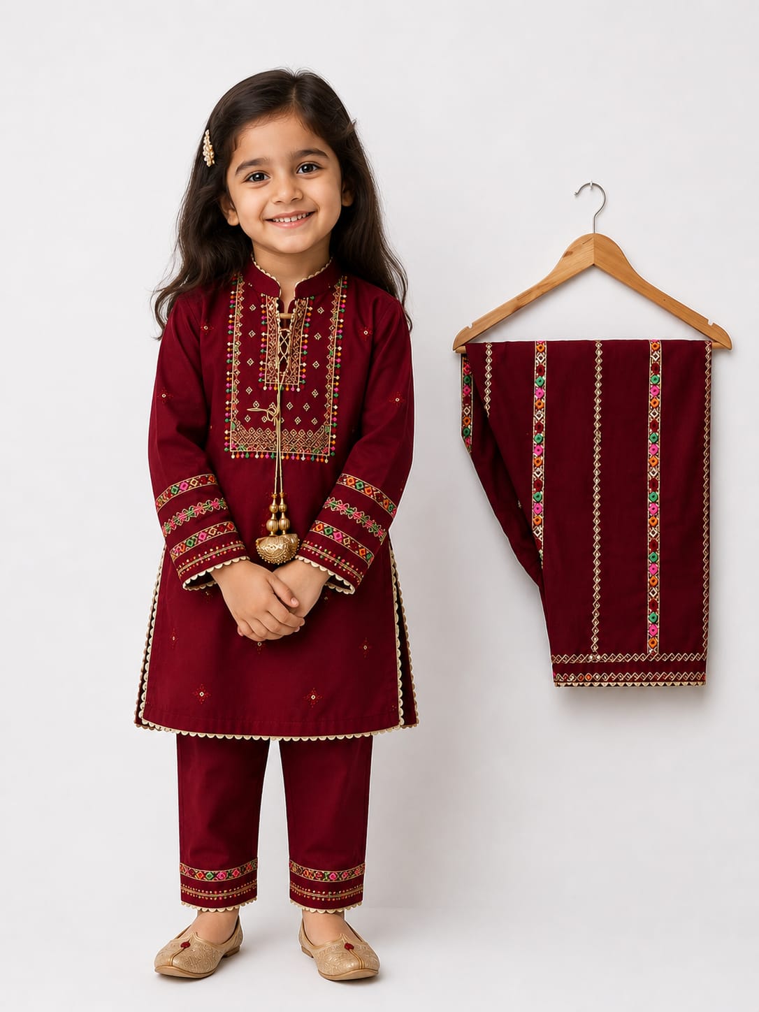 Elegant Ruby Red Embroidered 2 Piece Suit