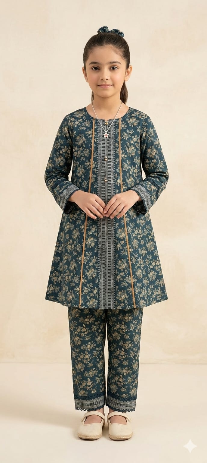 Elegant Teal Floral Printed Kids 2 Piece Suit