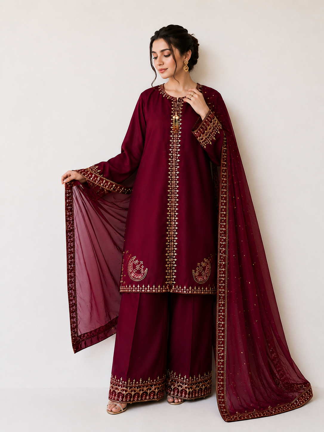 Luxury Maroon Embroidere Suit