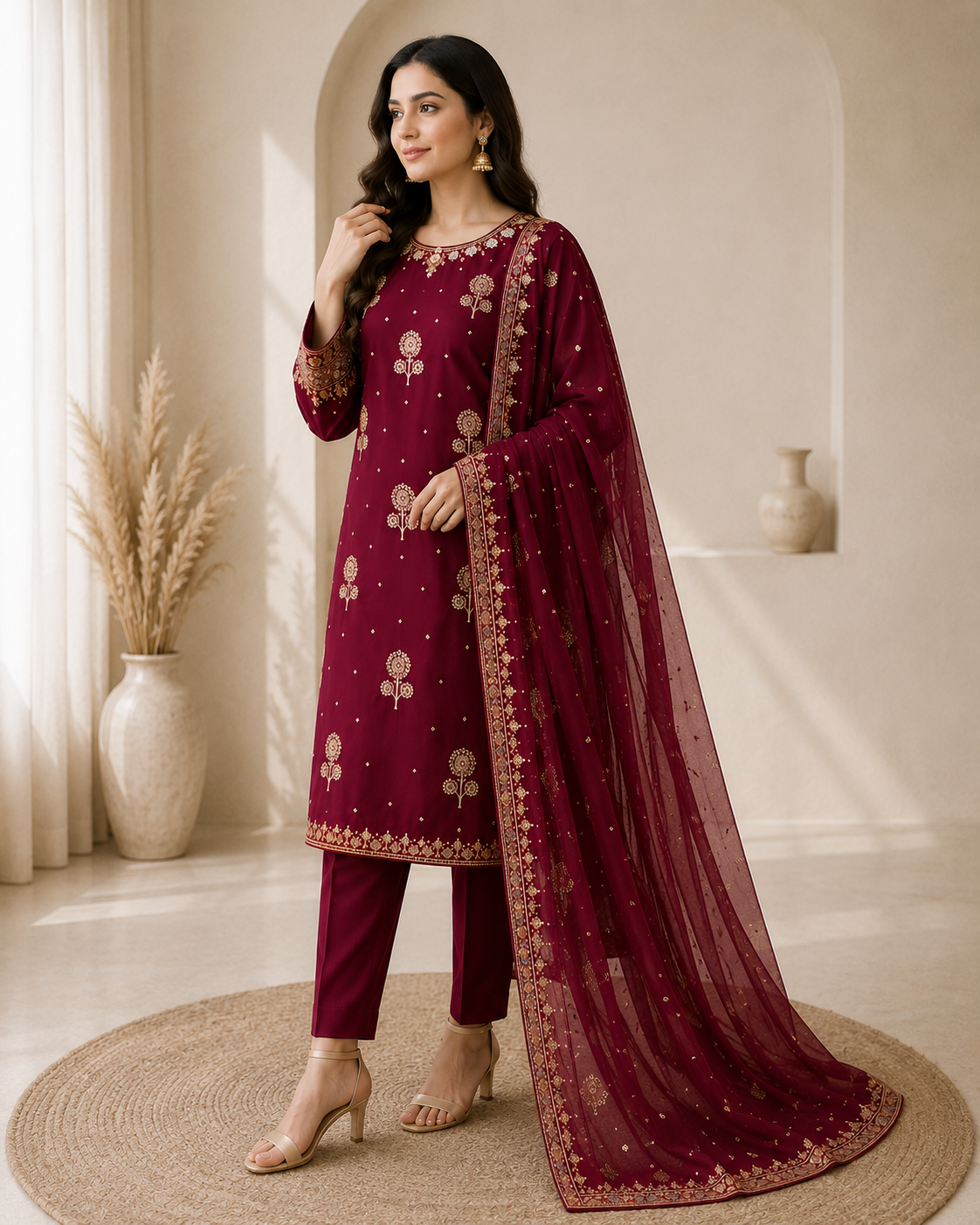 Luxury Maroon Embroidered Suit