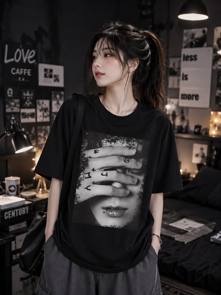 Black Oversized Graphic T-Shirt – Monochrome Portrait Edition