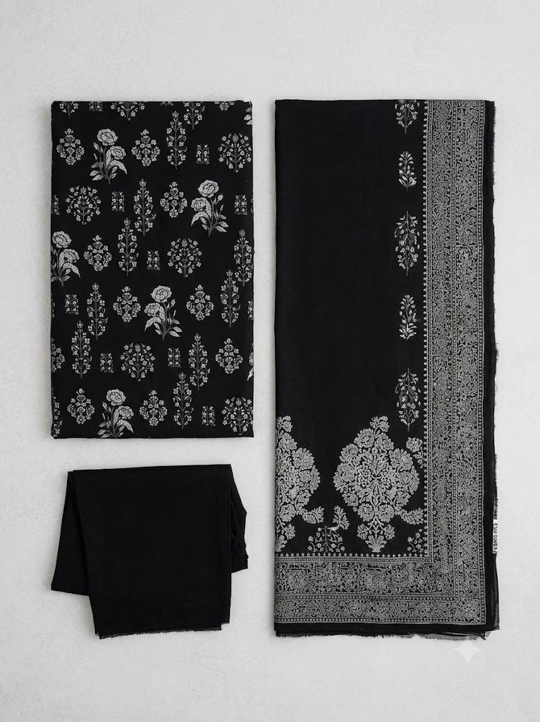 Black & Grey Floral Printed 3-Piece Lawn Suit for Women | Elegant Casual Wear