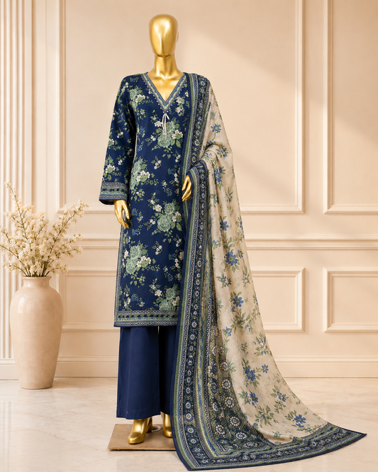 Bin Saeed Navy Blue Floral stiched Printed 3-Piece Suit with Beige Dupatta