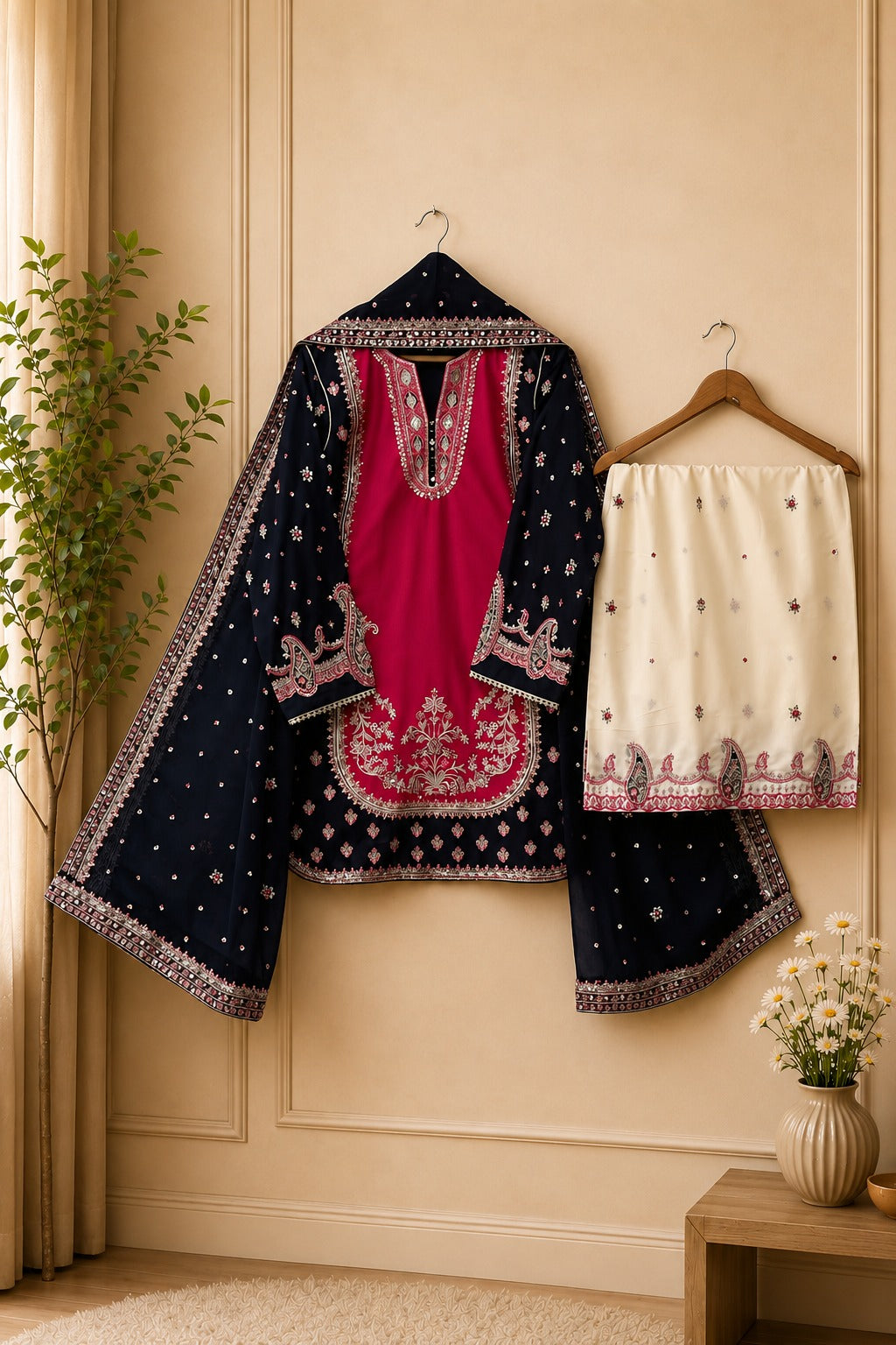 Black & Red Embroidered Stitched Lawn Formal Suit for Women
