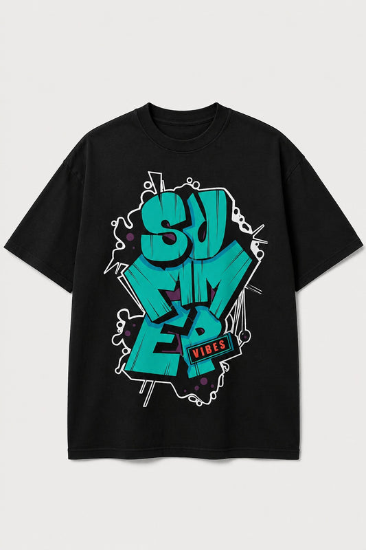 Summer Vibes Graphic Printed Black Oversized T-Shirt
