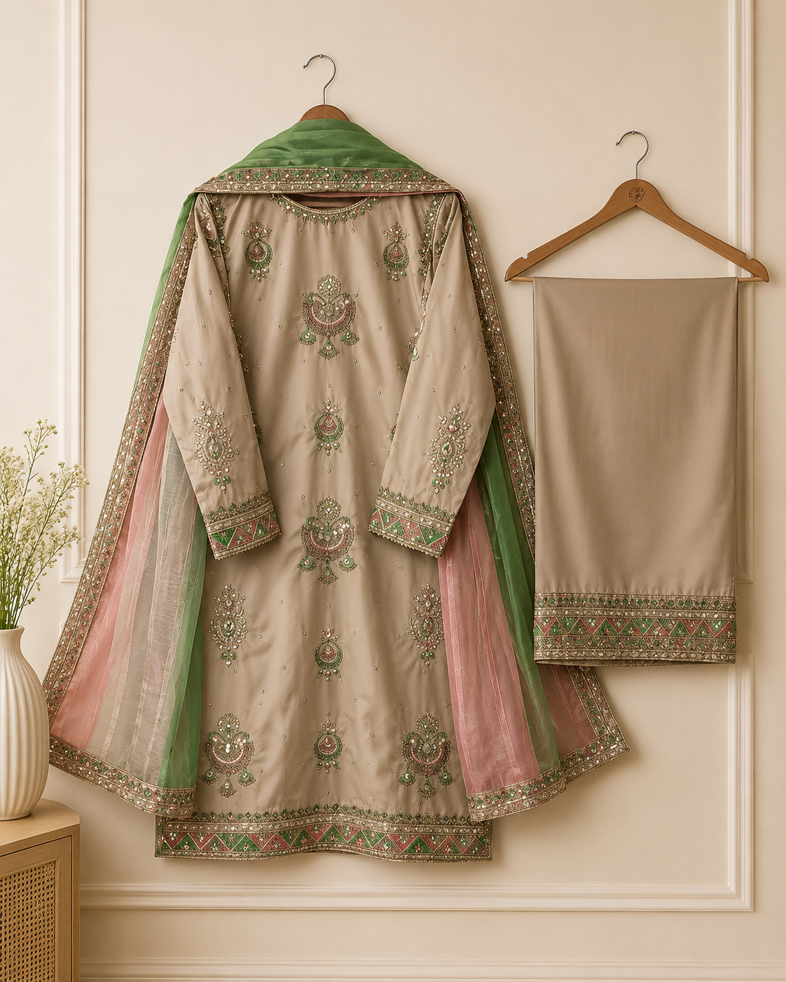 Champagne Beige Embroidered Suit