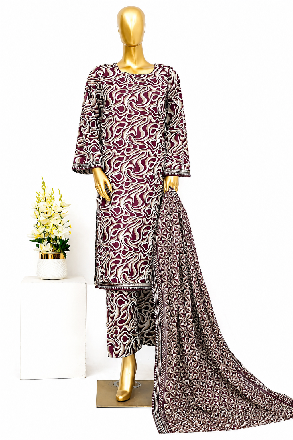 Bin Saeed Elegant Maroon & Cream Abstract Print stiched 3-Piece Suit with Geometric Dupatta