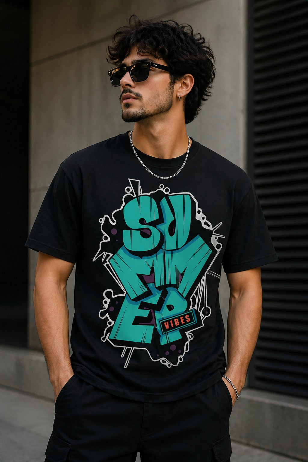 Summer Vibes Graphic Printed Black Oversized T-Shirt
