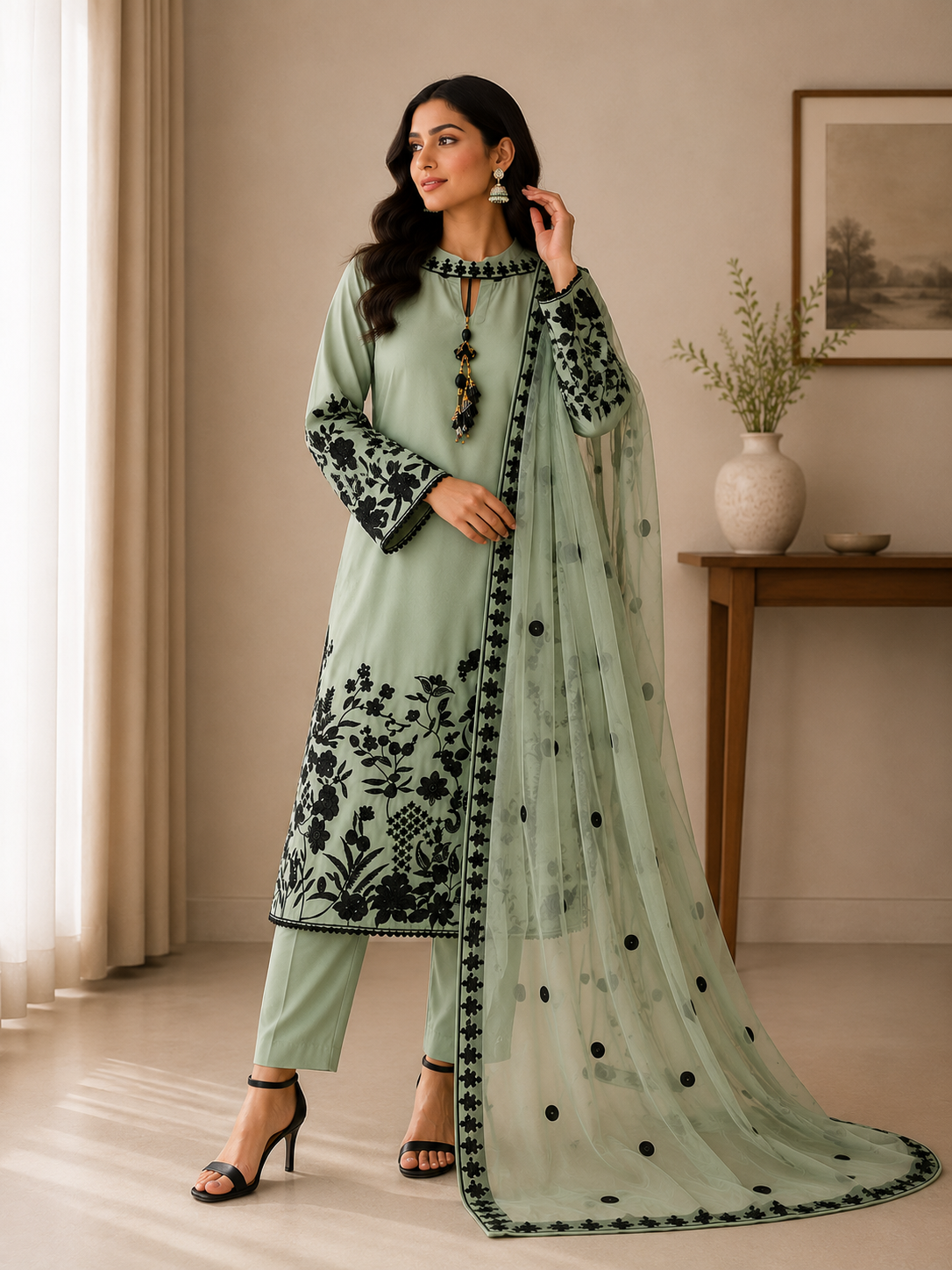 Mint Green Black Embroidered Suit