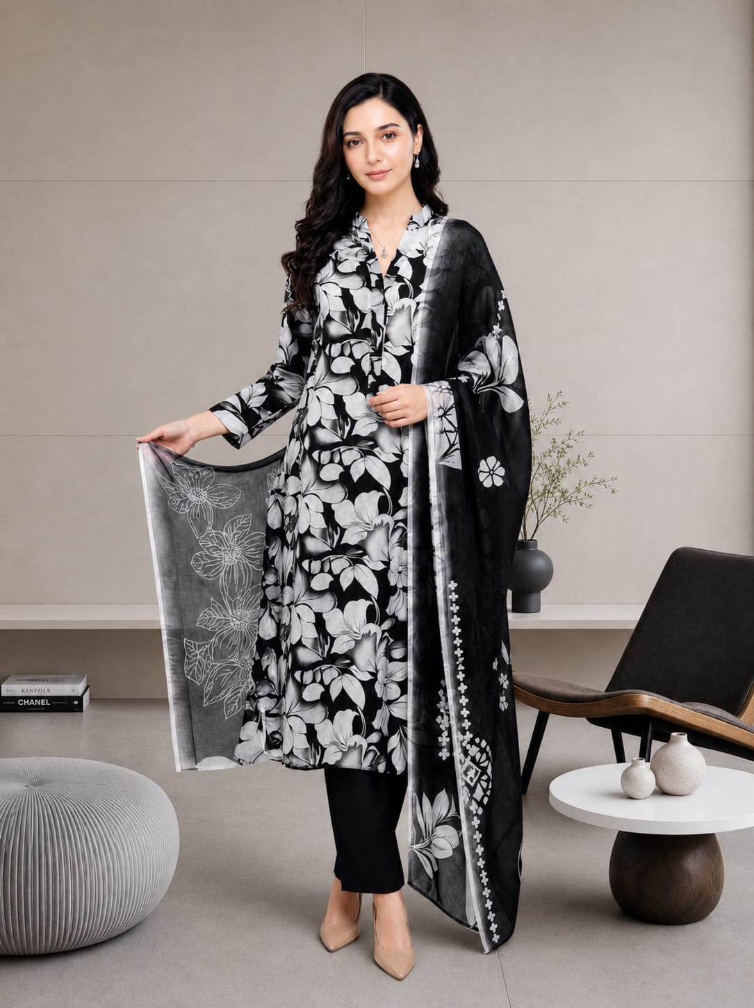 Black & White Floral Printed 3 Piece Lawn Suit for Women | Elegant Summer Collection