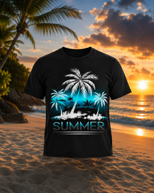 Summer Beach Palm Tree Graphic Black T-Shirt