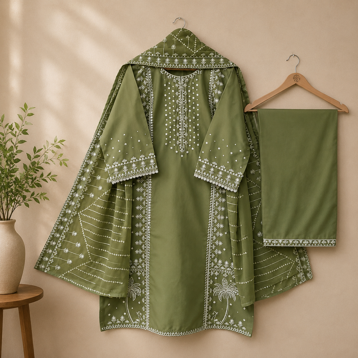 Olive Green Embroidered Suit