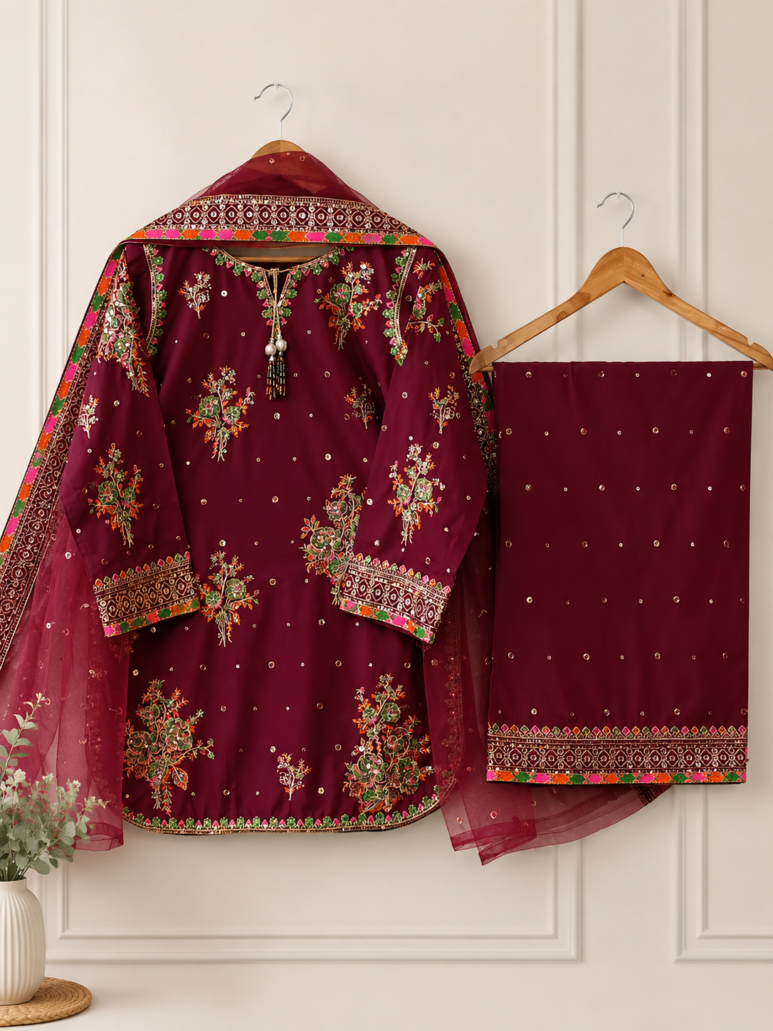 Luxury Maroon Embroidered Suit