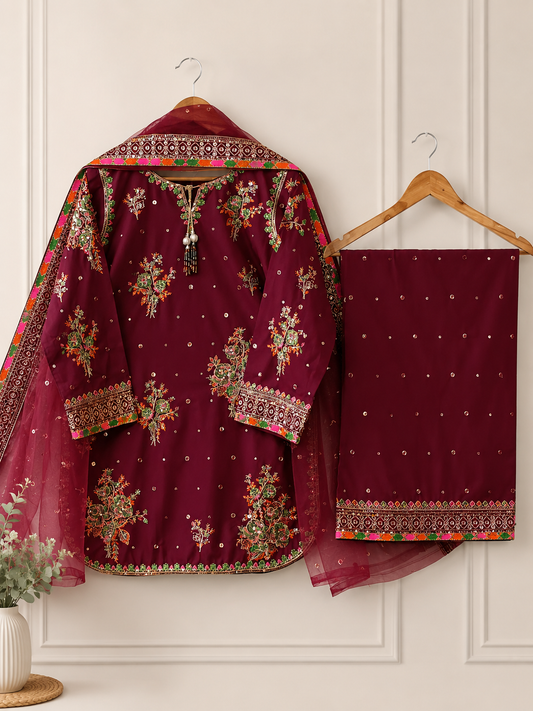 Luxury Maroon Embroidered Suit