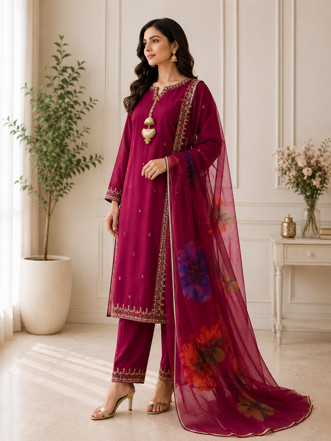 Magenta Embroidered Lawn Suit with Printed Dupatta for Women