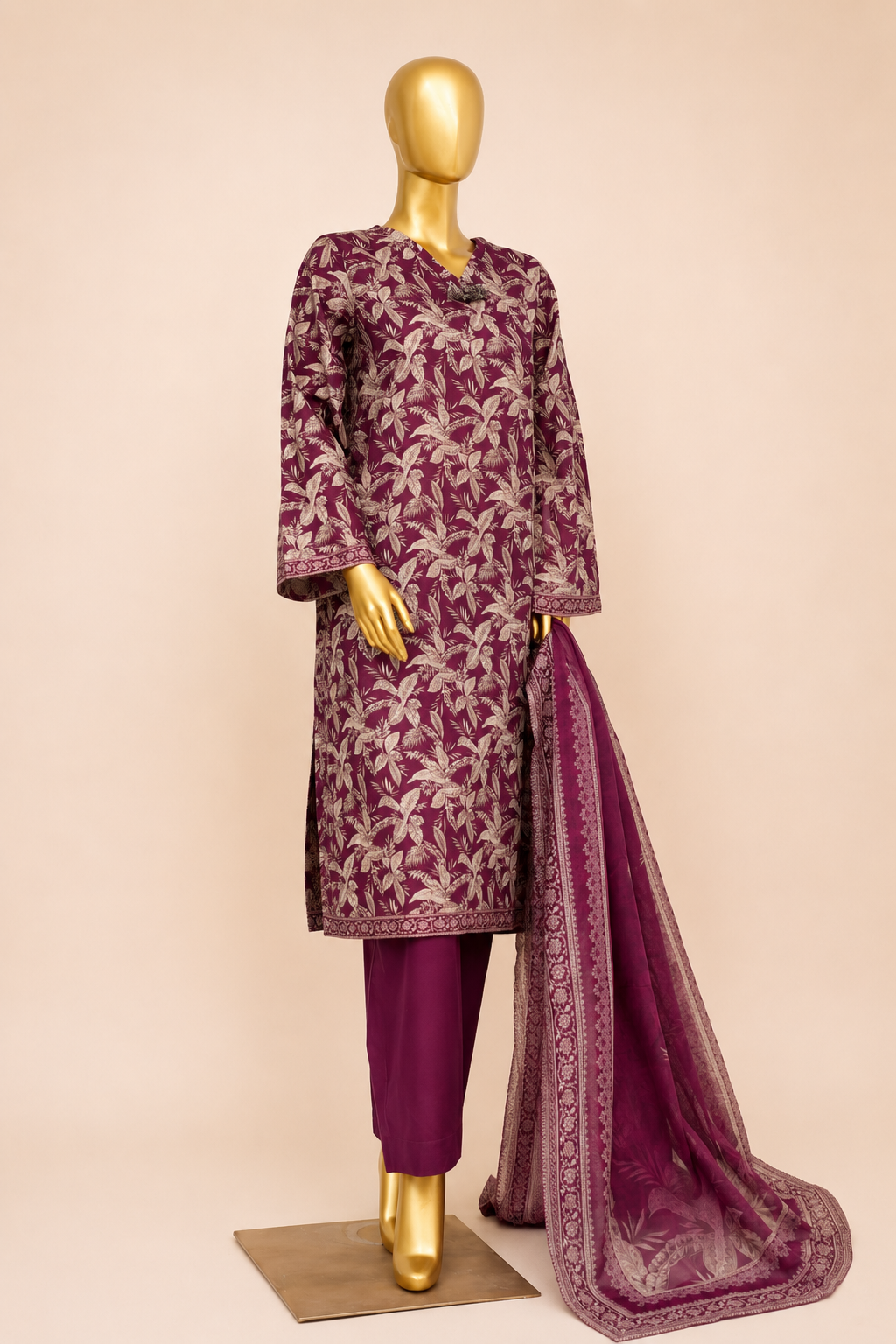 Plum Botanical Printed 3-Piece Suit