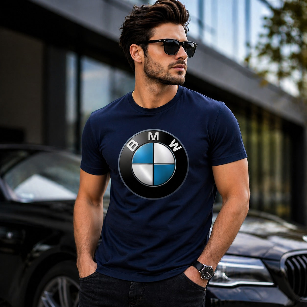 BMW Logo Graphic Printed Navy Blue T-Shirt