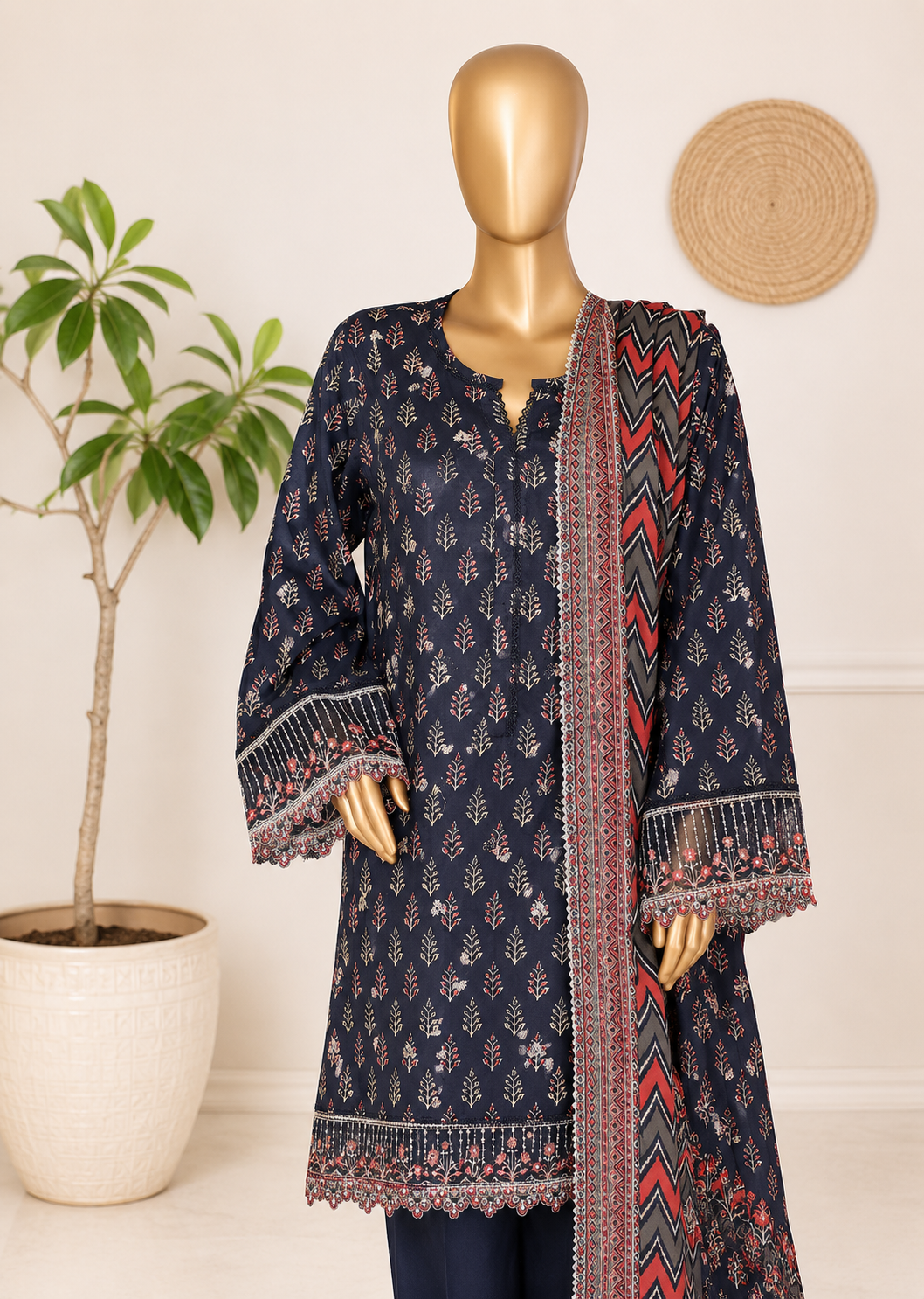Elegant 3pc stitched Navy Blue Botanical Print Suit with Embroidered Cuffs & Chevron Dupatta