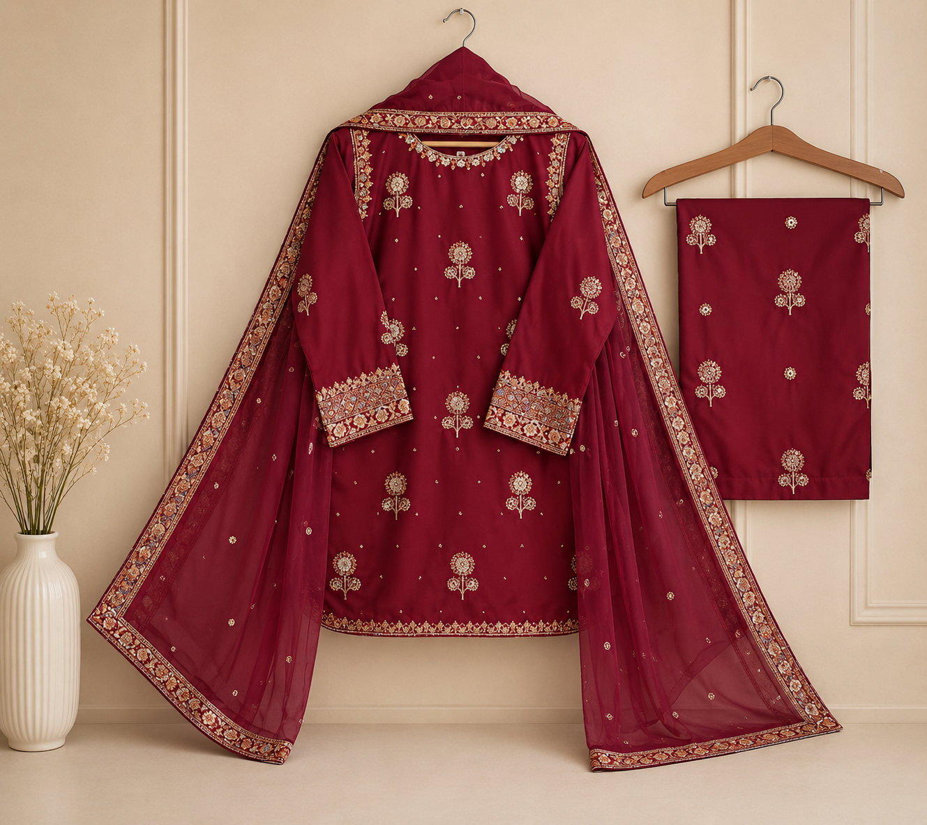 Luxury Maroon Embroidered Suit