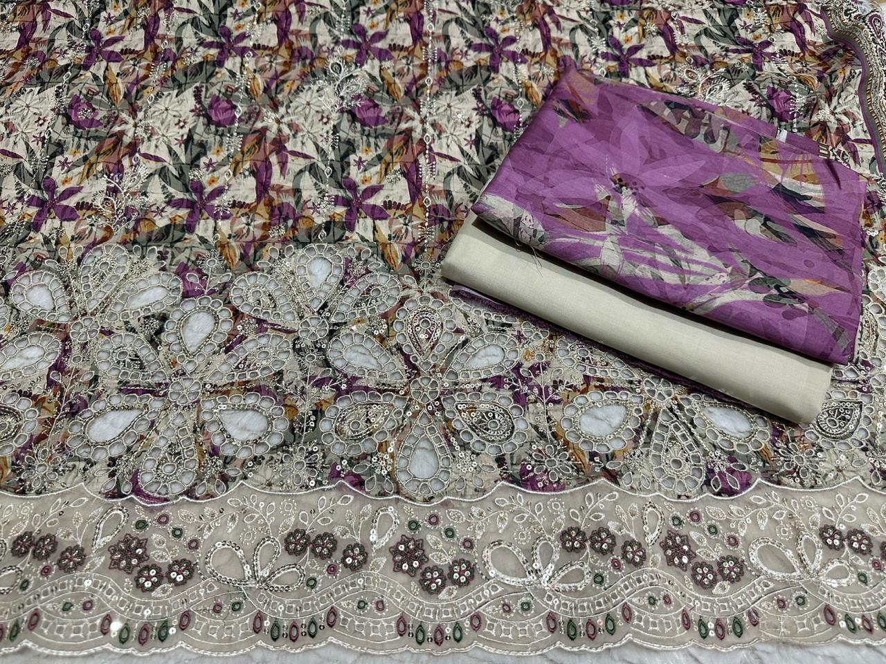 Luxury Purple Floral Embroidered Lawn Suit with Dupatta
