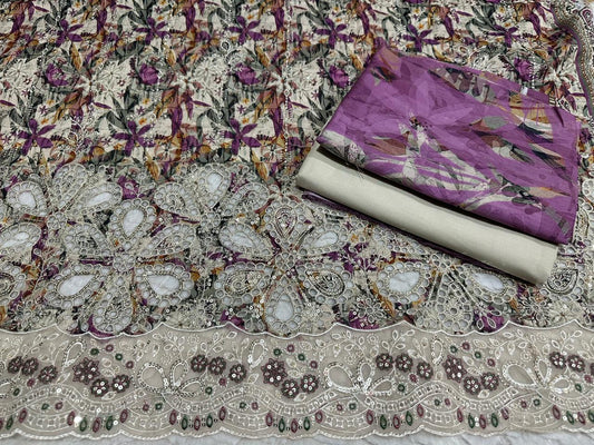 Luxury Purple Floral Embroidered Lawn Suit with Dupatta