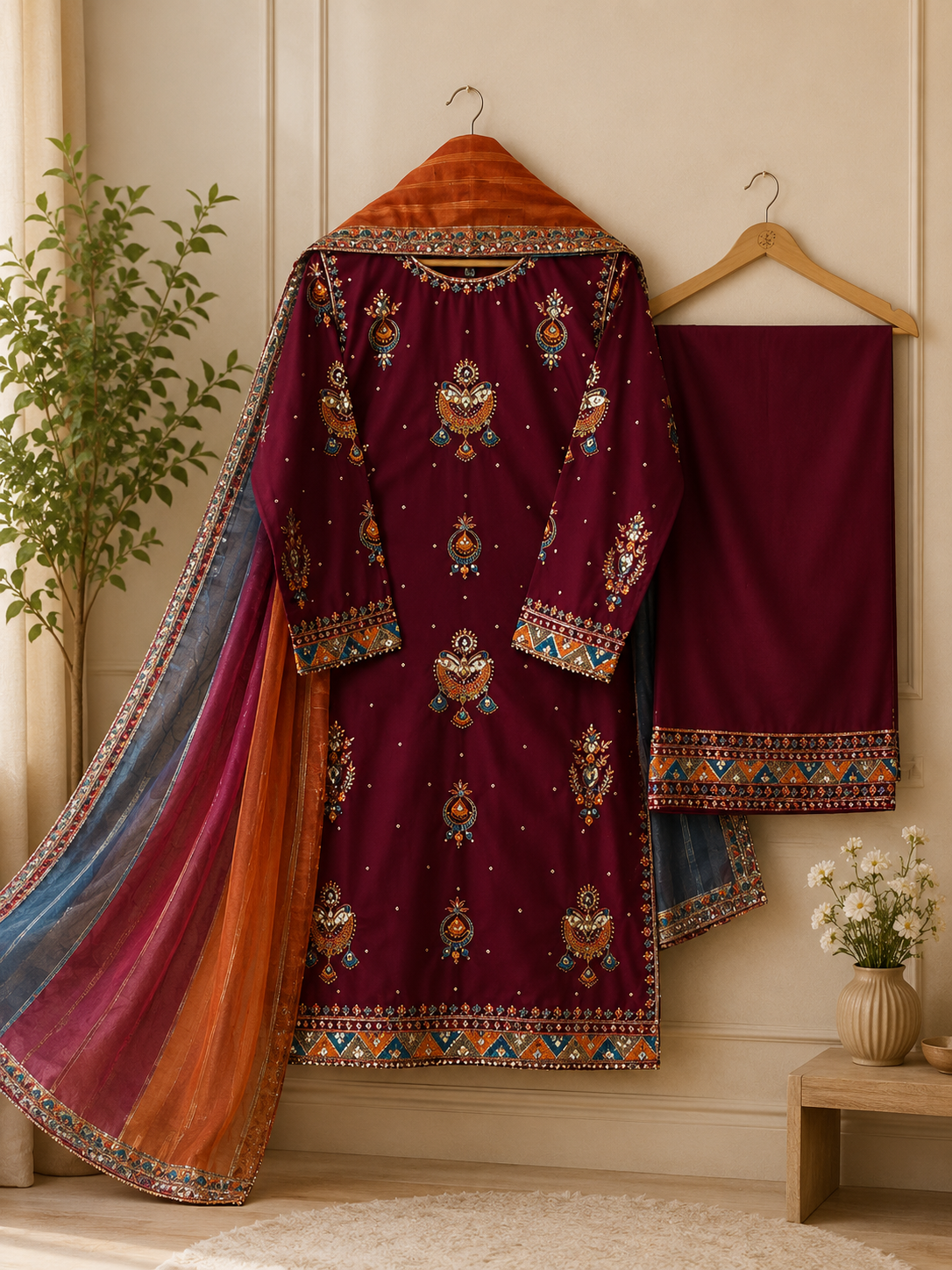 Maroon Embroidered Lawn Suit with Dupatta for Women