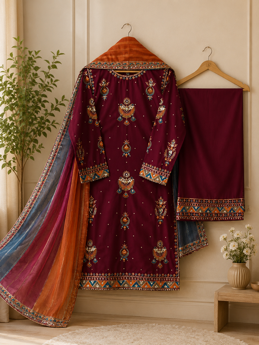 Maroon Embroidered Lawn Suit with Dupatta for Women