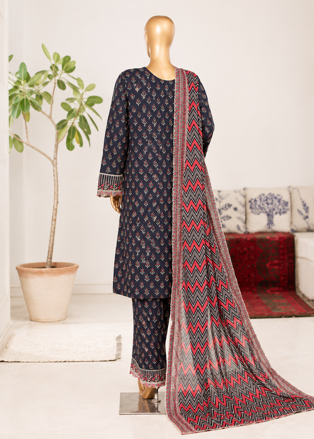 Elegant 3pc stitched Navy Blue Botanical Print Suit with Embroidered Cuffs & Chevron Dupatta