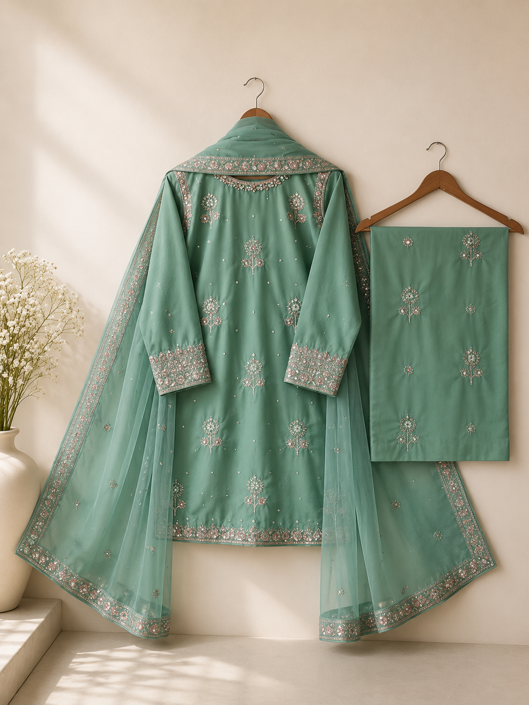 Sea Green Embroidered Suit