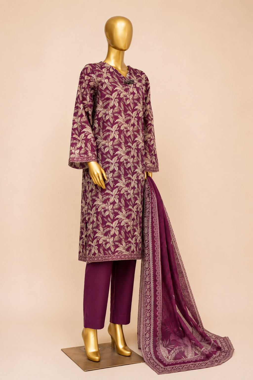 Plum Botanical Printed 3-Piece Suit