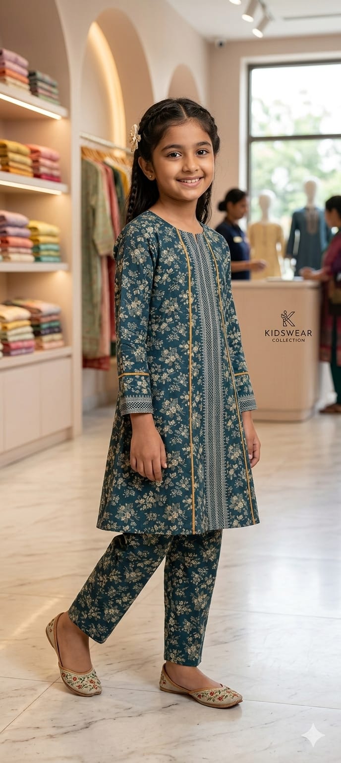 Elegant Teal Floral Printed Kids 2 Piece Suit