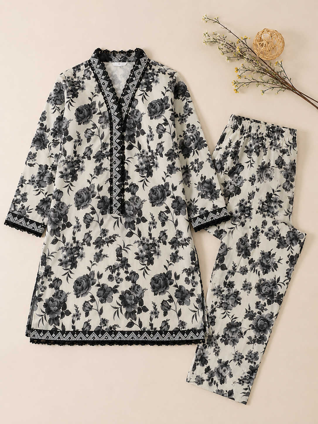 Elegant Black Floral Printed Kids 2 Piece Suit