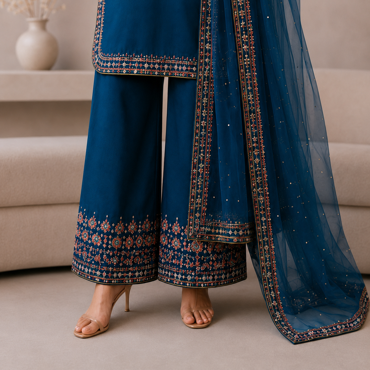 Royal Blue Embroidered Suit with Dupatta – Women's Dress