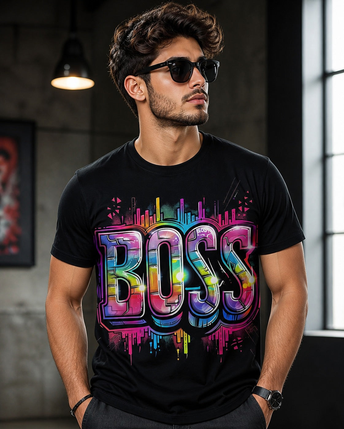 BOSS Neon Graffiti Style Black Graphic T-Shirt