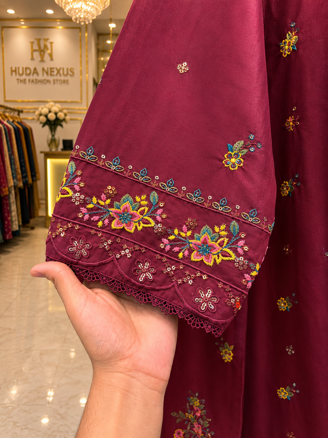 Luxury Maroon Embroidered 3 Piece Lawn Suit for Women | Premium Pakistani Dress