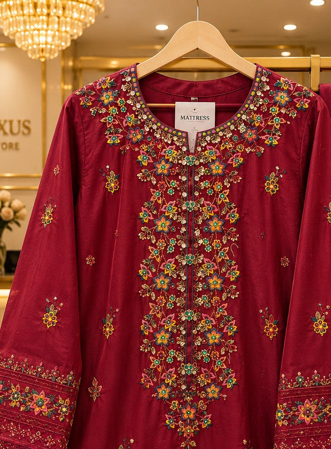 Luxury Maroon Embroidered 3 Piece Lawn Suit for Women | Premium Pakistani Dress