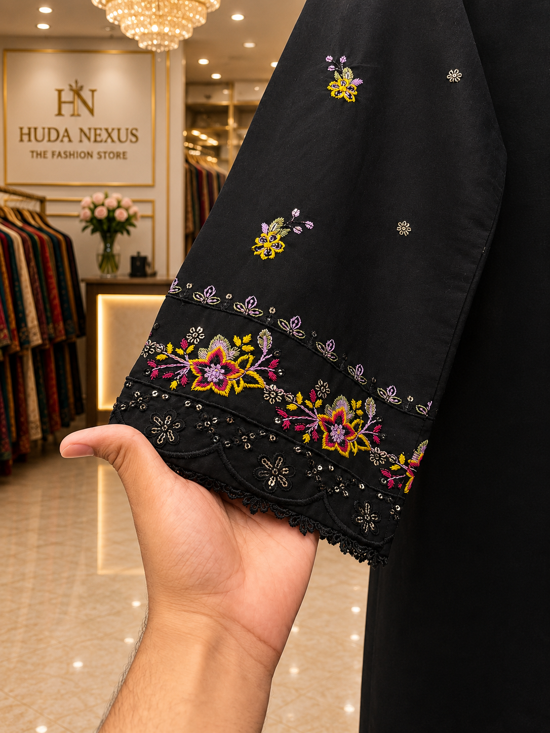 Elegant Black Floral Embroidered 3 Piece Lawn Suit for Women | Premium Pakistani Dress